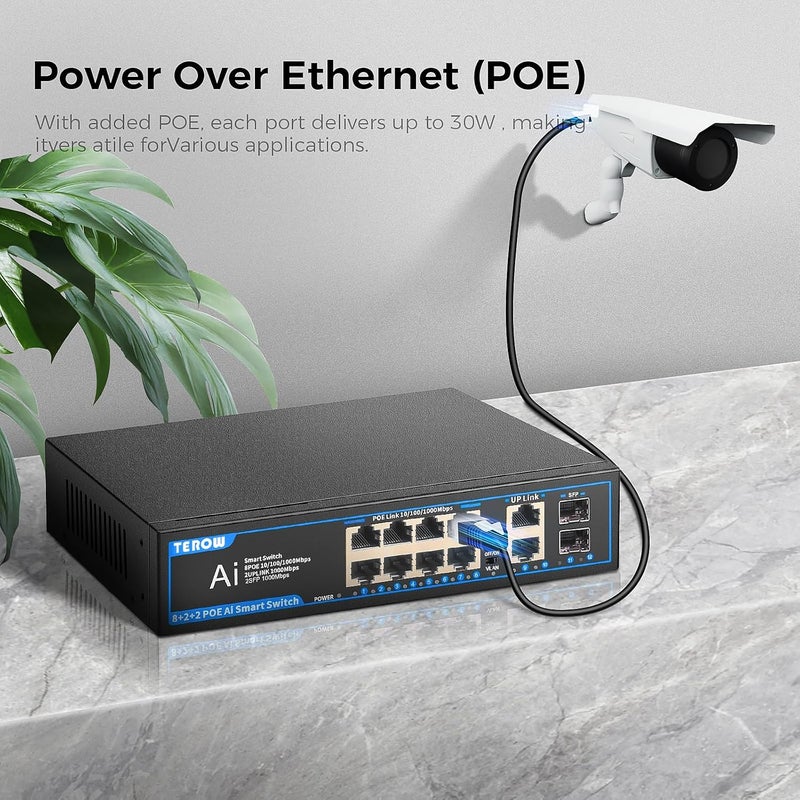 TEROW PoE Gigabit Switch 8-Port with 2 uplink & 2 SFP: 12-Port PoE+ Ethernet&10-Port Network Switches,120W,802.3af/at Compliant, Plug & Play, Metal Fanless with Shielded for Home/soho Office - Image 3